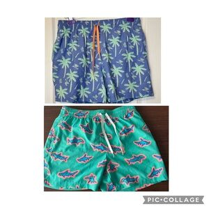 SET OF TWO Chubbies Blue and Green Palm Swim Trunks and Turquoise Pink Shark Med